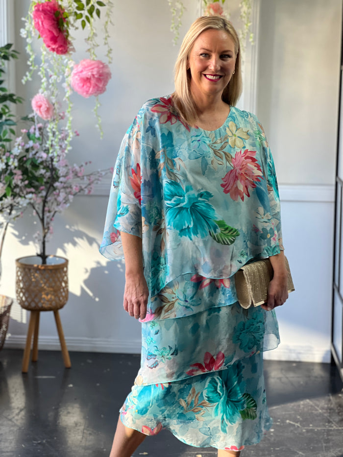 Bronx Aqua Blossom Silk Dress