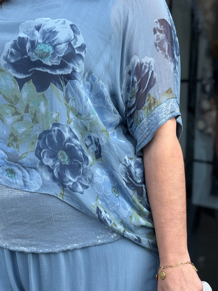 Brooklyn Dusty Blue Floral Silk Top