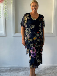 Clyde Navy Bird Silk Dress