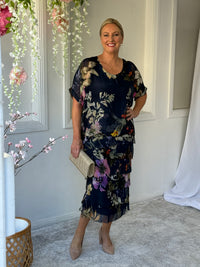 Clyde Navy Bird Silk Dress