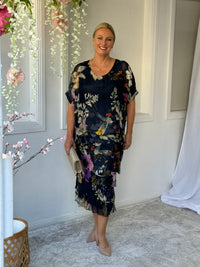 Clyde Navy Bird Silk Dress
