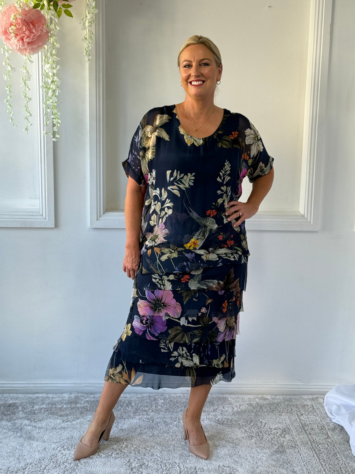 Clyde Navy Bird Silk Dress