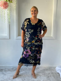 Clyde Navy Bird Silk Dress