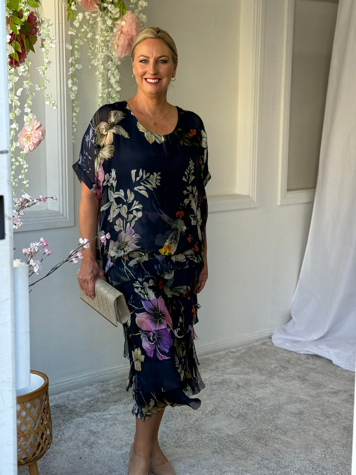 Clyde Navy Bird Silk Dress