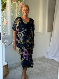 Clyde Navy Bird Silk Dress