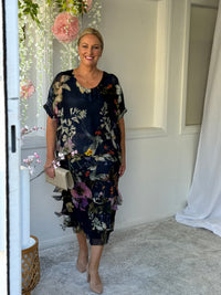 Clyde Navy Bird Silk Dress