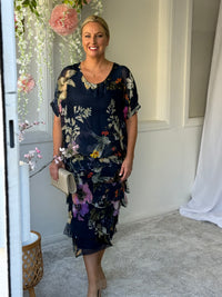 Clyde Navy Bird Silk Dress