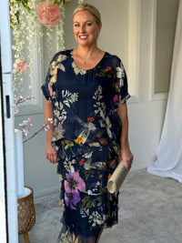 Clyde Navy Bird Silk Dress