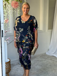 Clyde Navy Bird Silk Dress