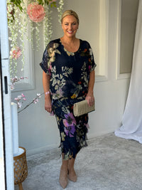 Clyde Navy Bird Silk Dress