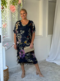Clyde Navy Bird Silk Dress