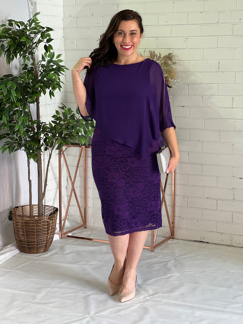 9211 Purple Bell Sleeve Lace Dress