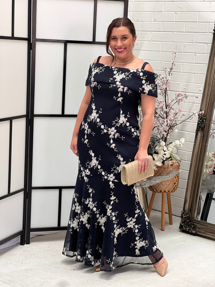Dalton Navy Embroidered Evening Gown