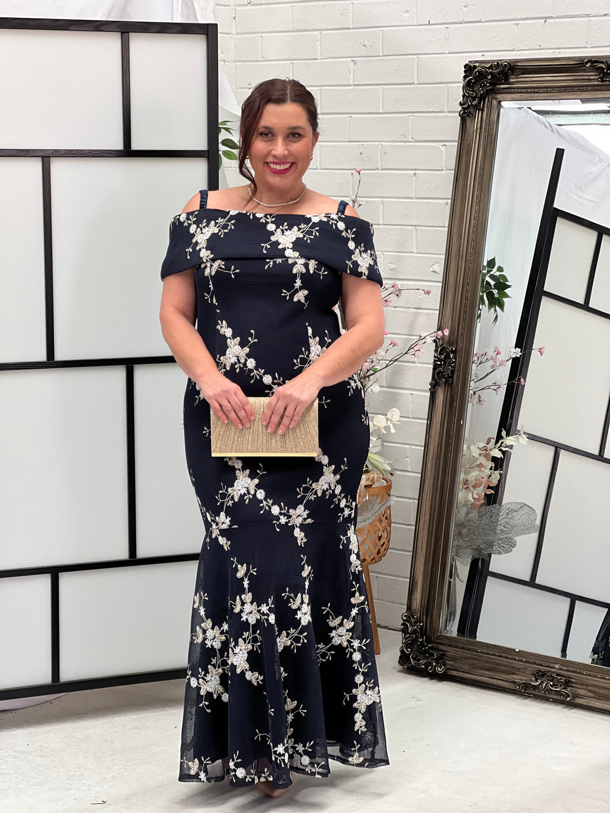 Dalton Navy Embroidered Evening Gown