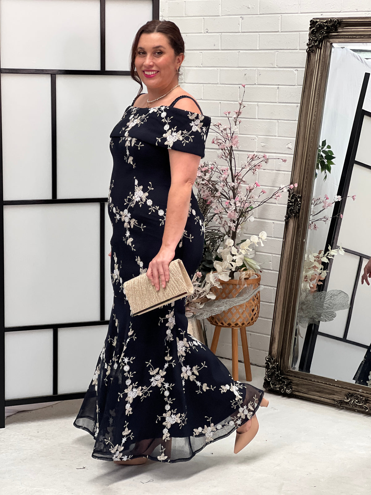 Dalton Navy Embroidered Evening Gown