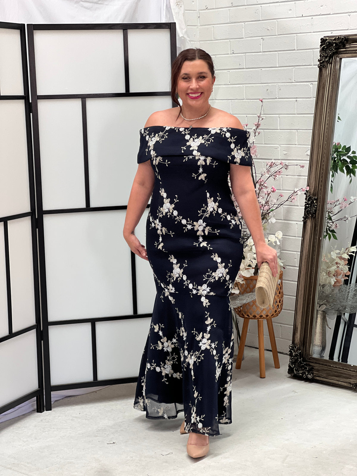 Dalton Navy Embroidered Evening Gown