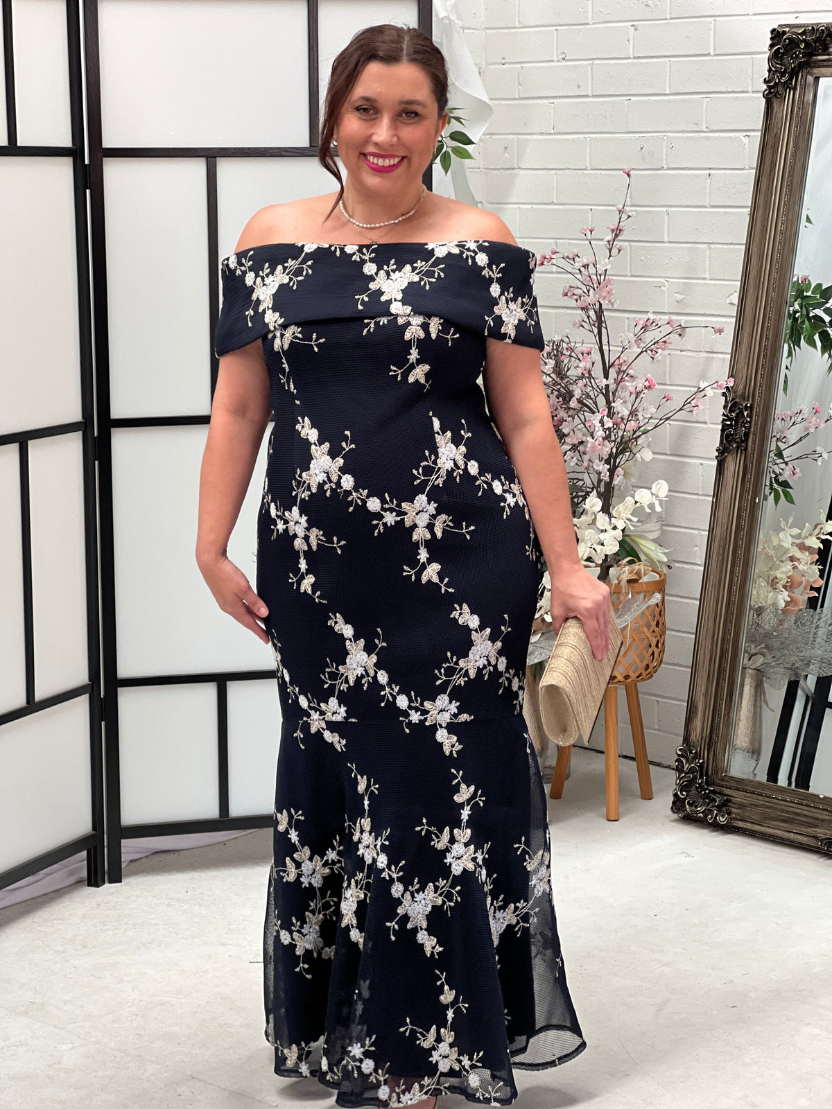 Dalton Navy Embroidered Evening Gown