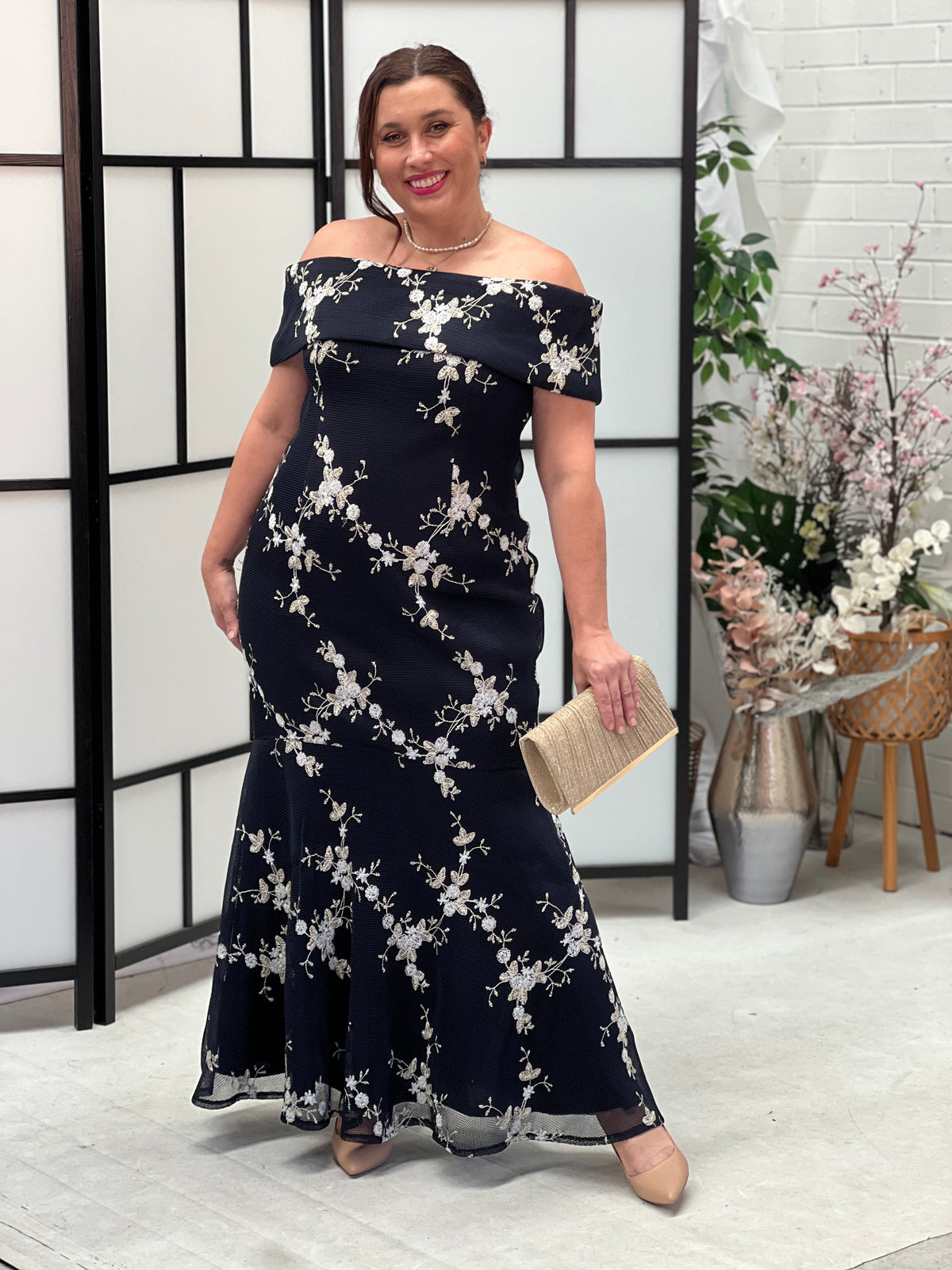 Dalton Navy Embroidered Evening Gown