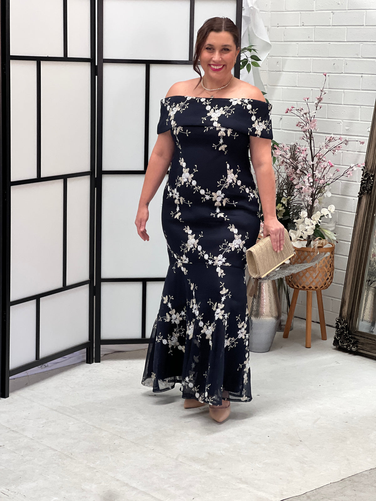 Dalton Navy Embroidered Evening Gown