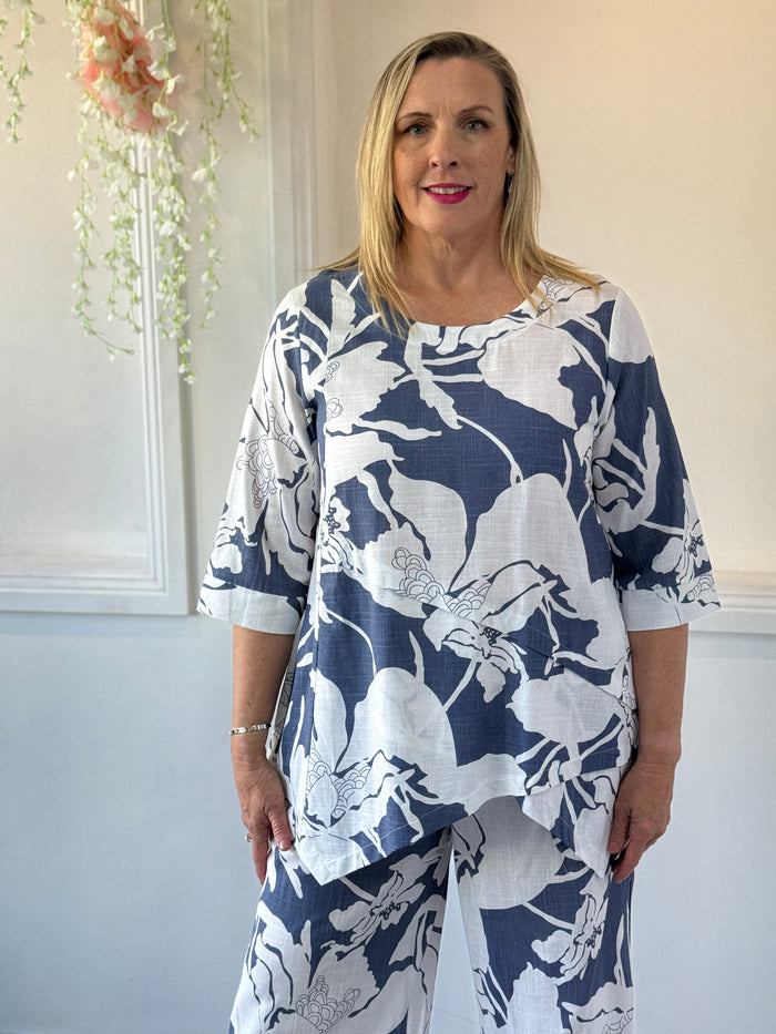 Karla Blue Floral Linen Top