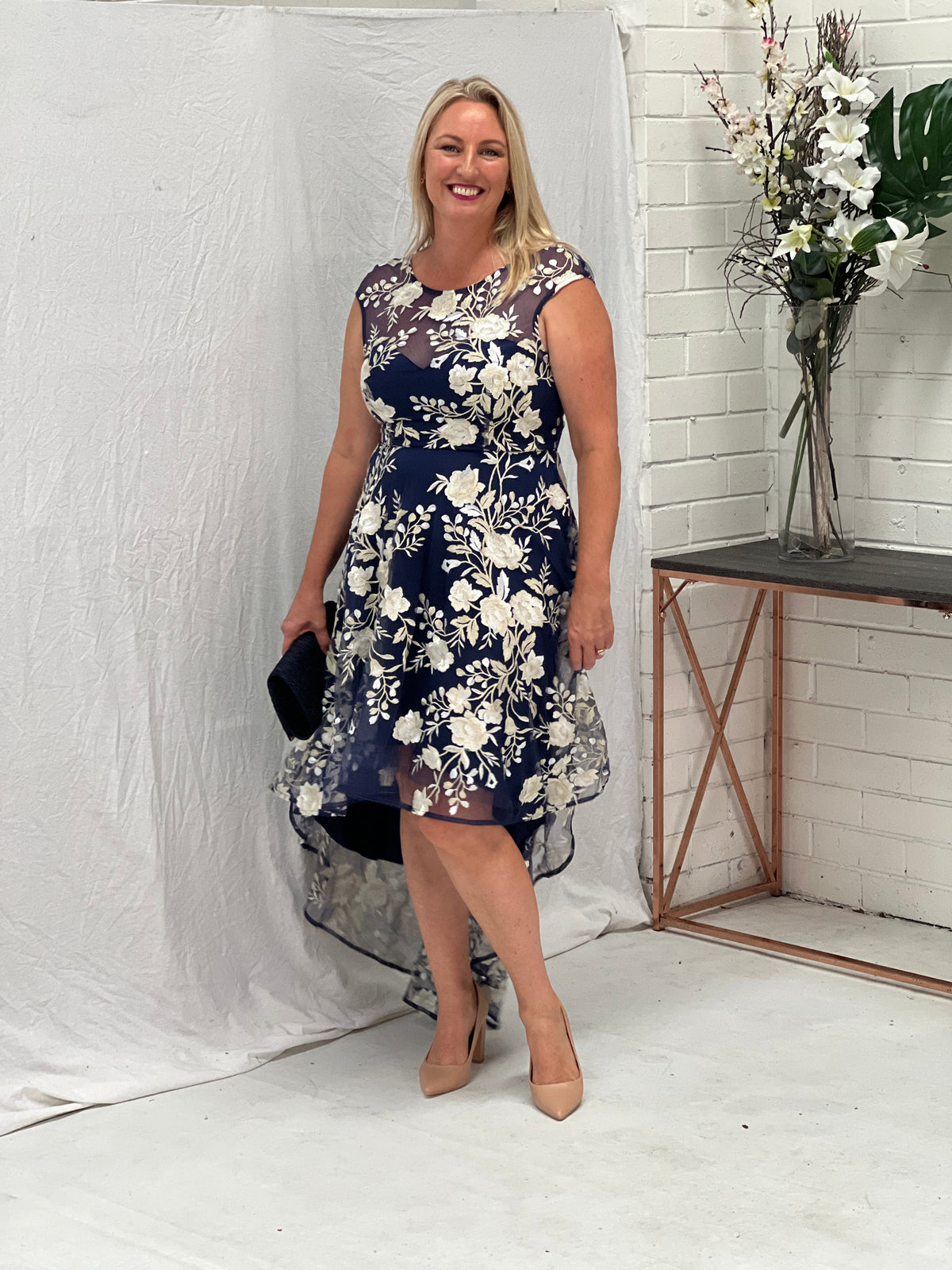 Ria Navy Embroidered Evening Dress