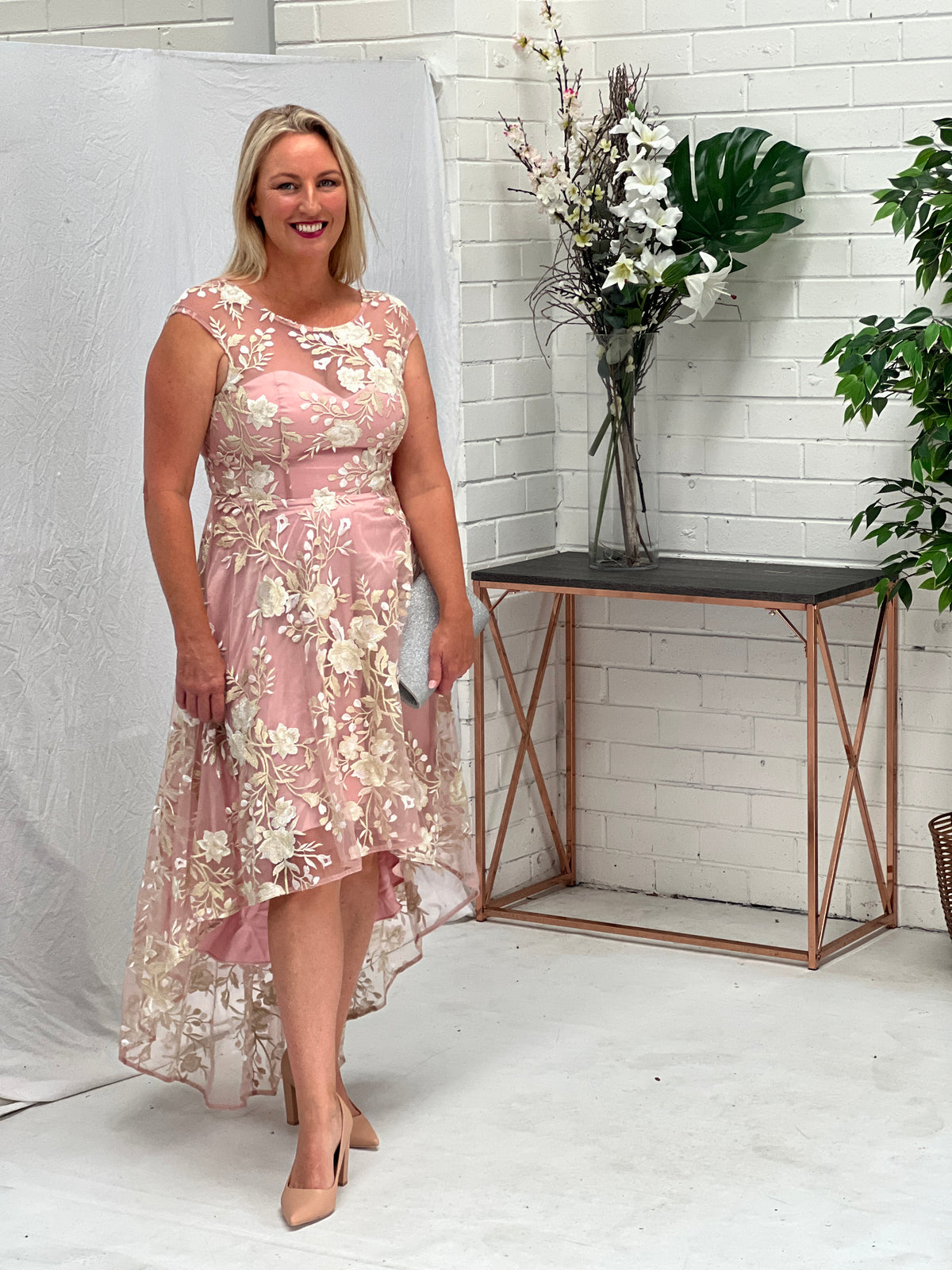 Ria Blush Embroidered Evening Dress