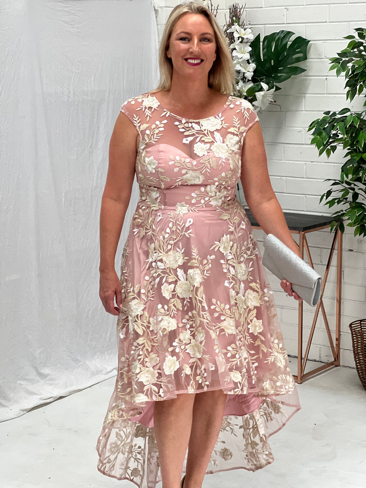 Ria Blush Embroidered Evening Dress