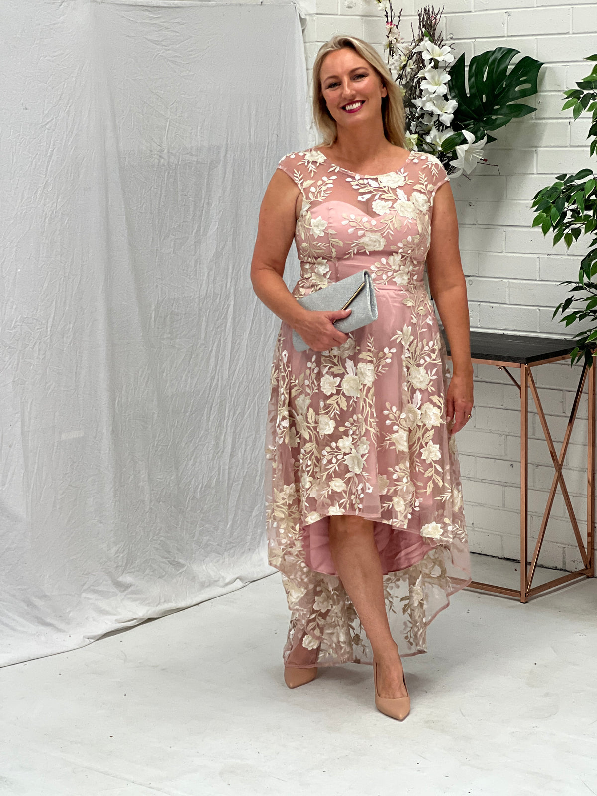 Ria Blush Embroidered Evening Dress