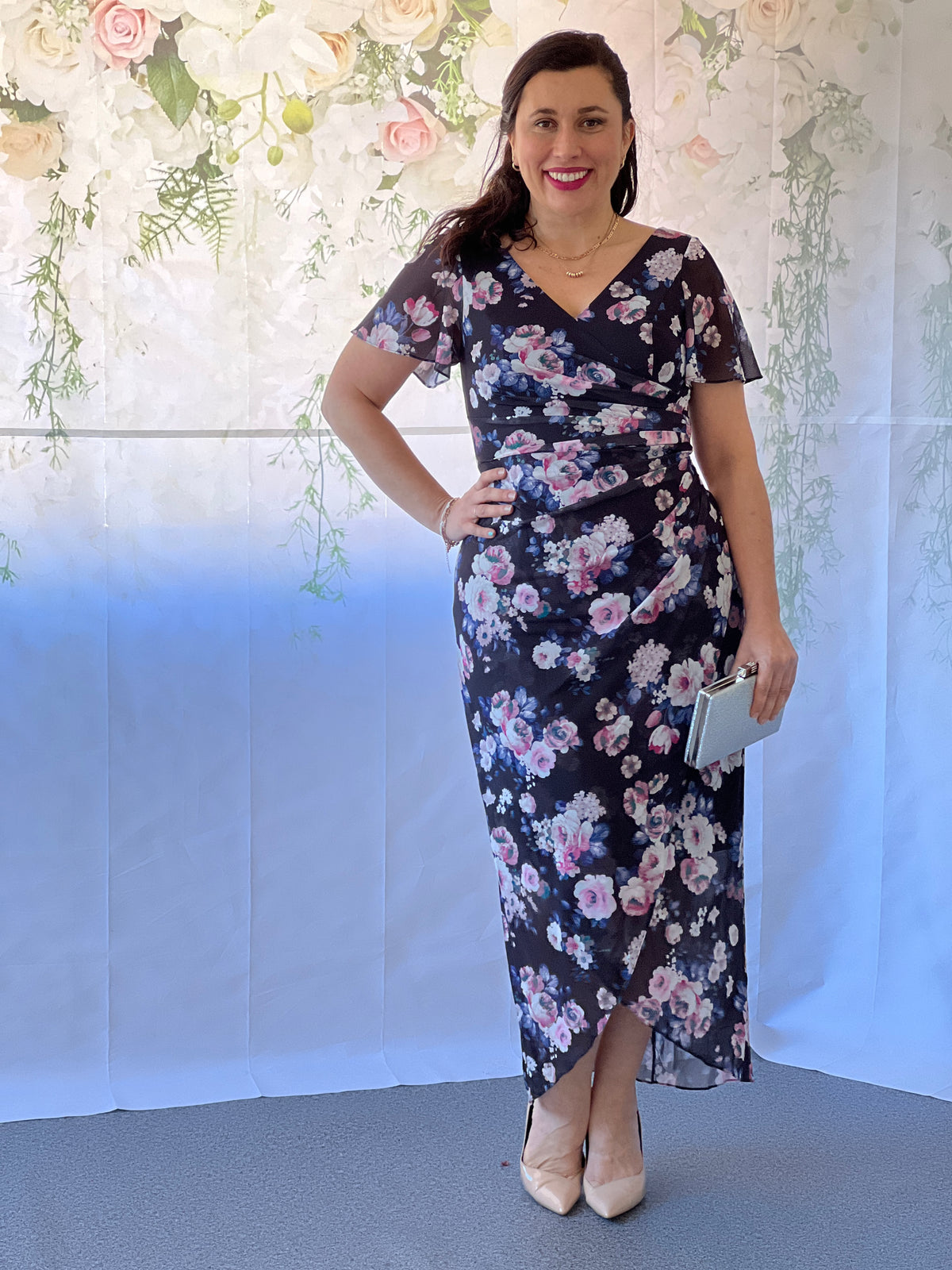 Tracey Navy Blossom Evening Dress