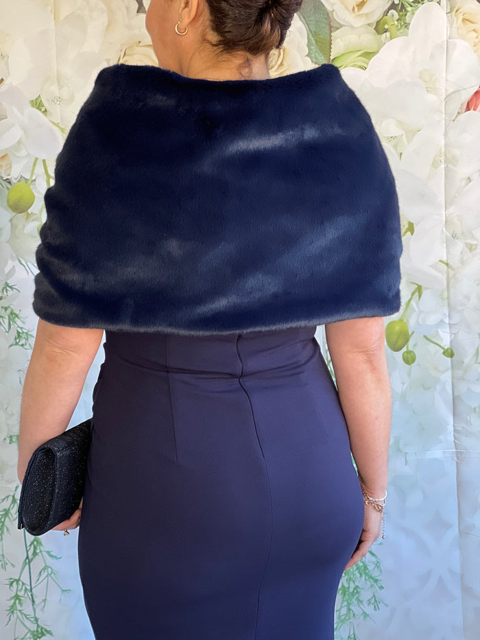 Yannis Navy Faux Fur Shawl