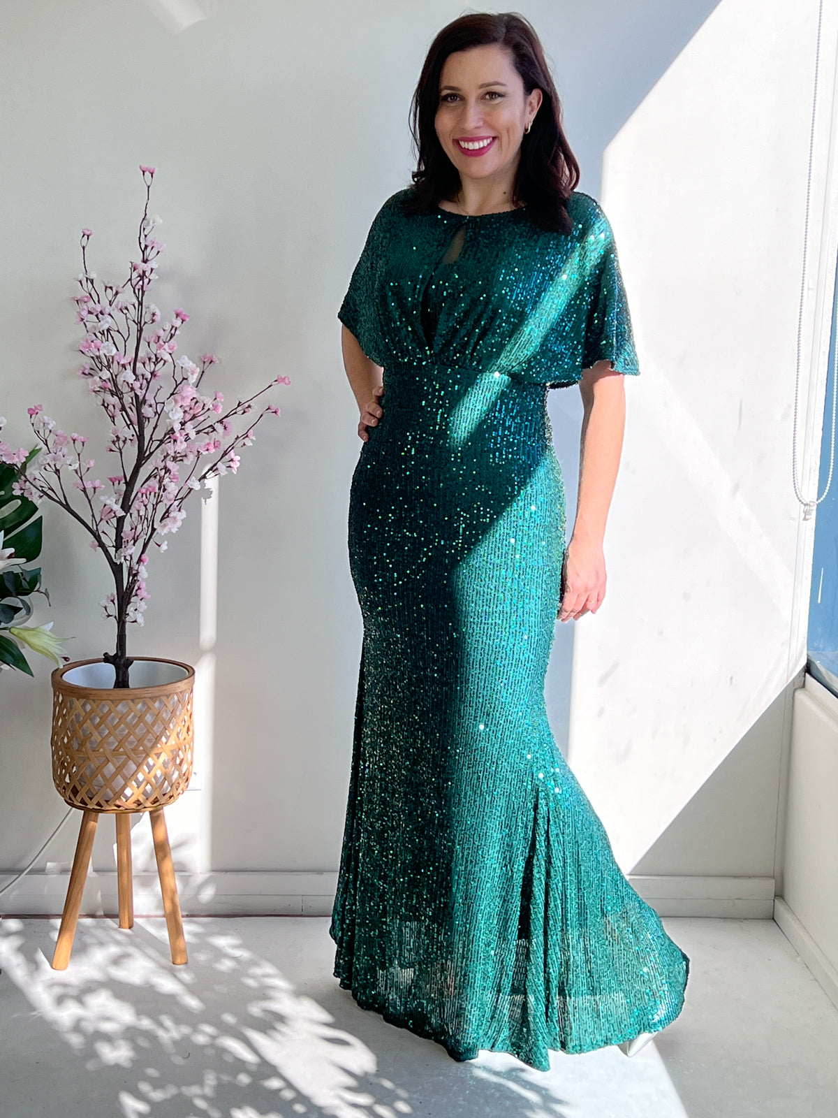 Cindy Emerald Sequin Evening Gown