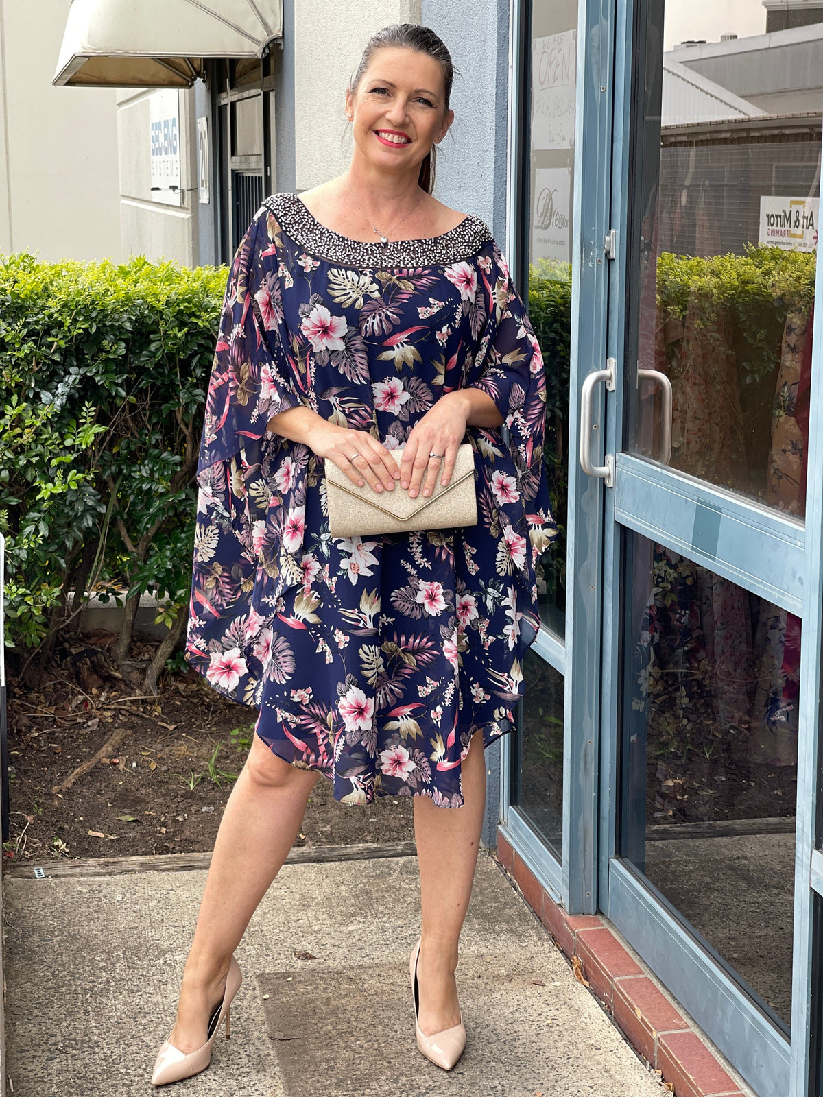 Miss Anne DRESSES Elias Navy Floral Evening Dress