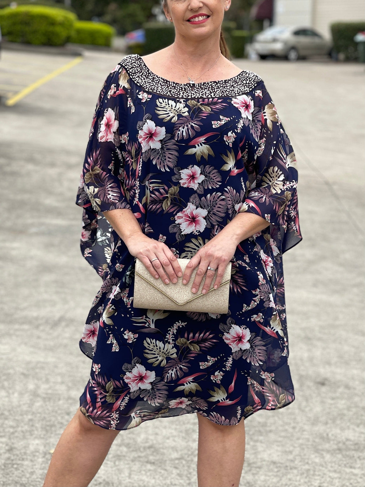 Miss Anne DRESSES Elias Navy Floral Evening Dress