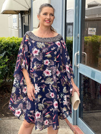 Miss Anne DRESSES Elias Navy Floral Evening Dress