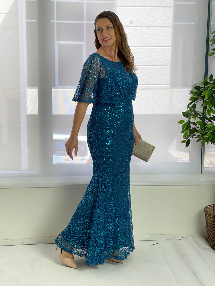 Miss Anne DRESSES Payton Teal Sequin Evening Gown