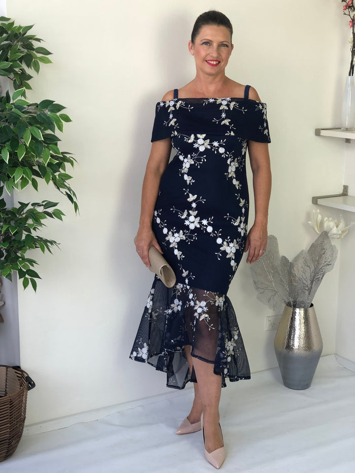 Miss Anne evening gown Andretti Navy Embroidered Evening Gown