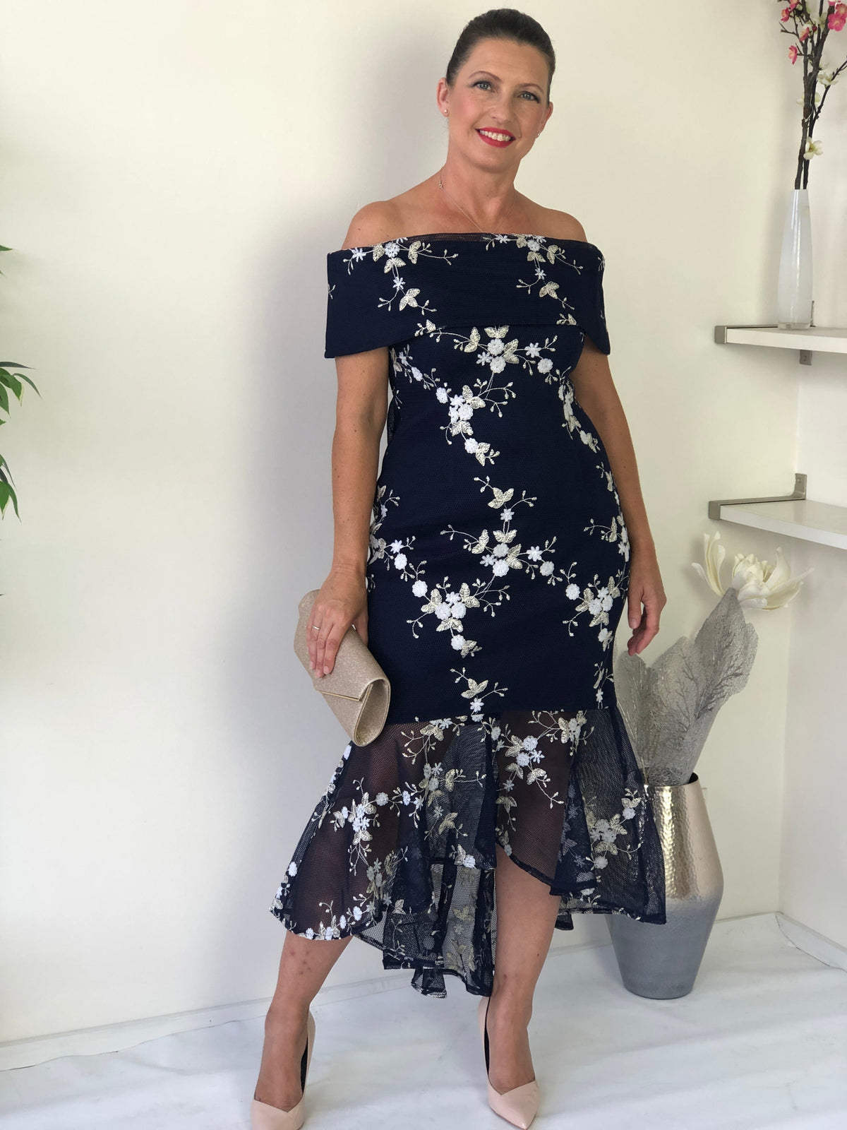 Miss Anne evening gown Andretti Navy Embroidered Evening Gown