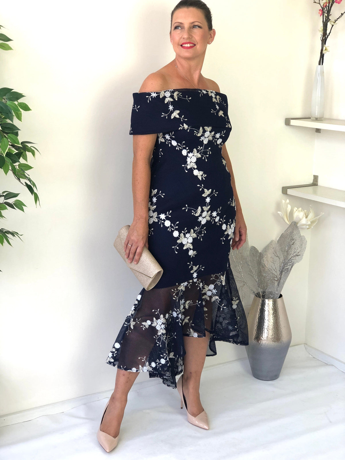 Miss Anne evening gown Andretti Navy Embroidered Evening Gown