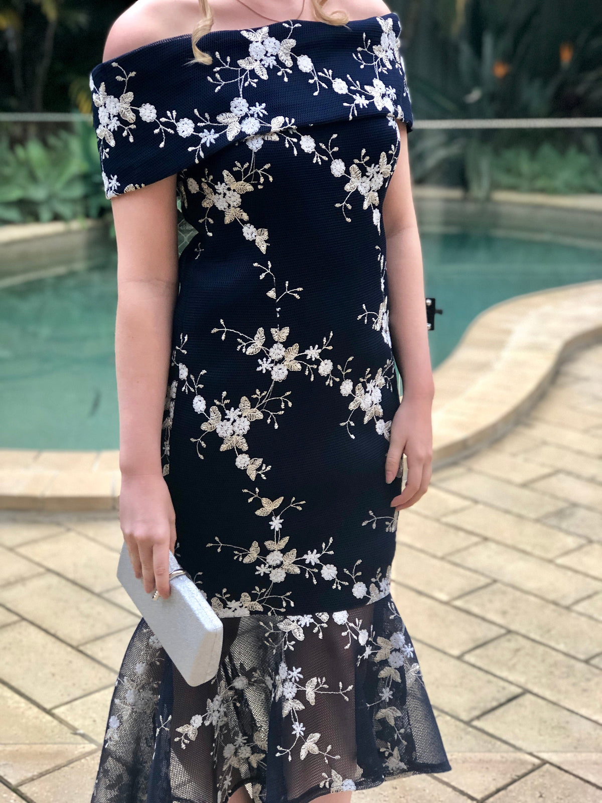 Miss Anne evening gown Andretti Navy Embroidered Evening Gown