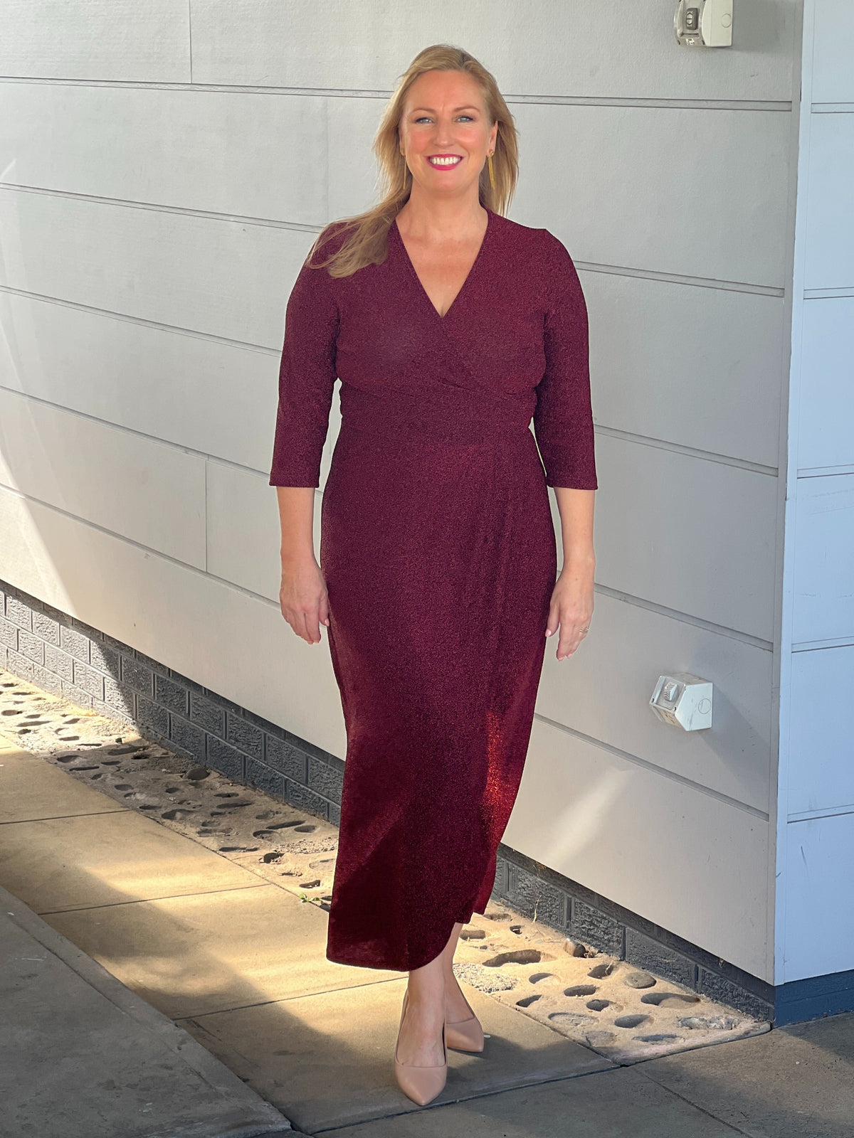 Odessa Burgundy Glitter Wrap Gown