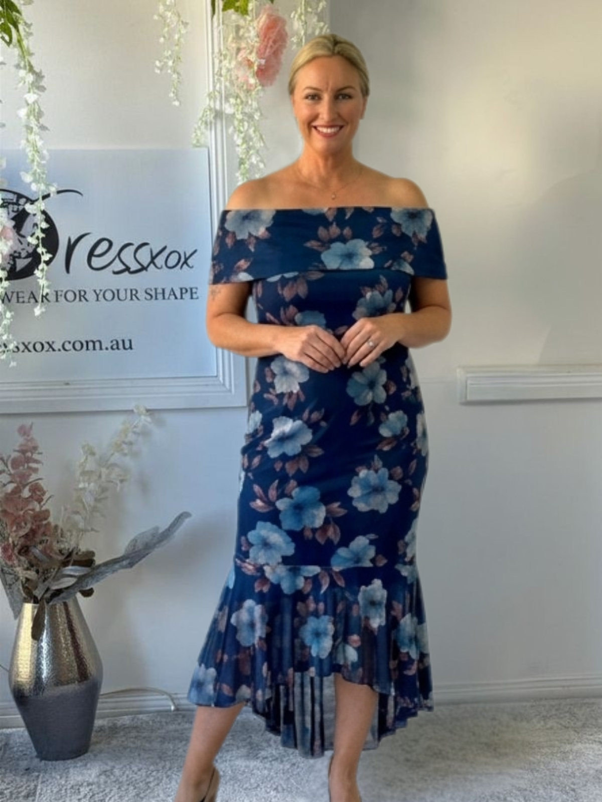 Audrey Navy Floral Evening Gown