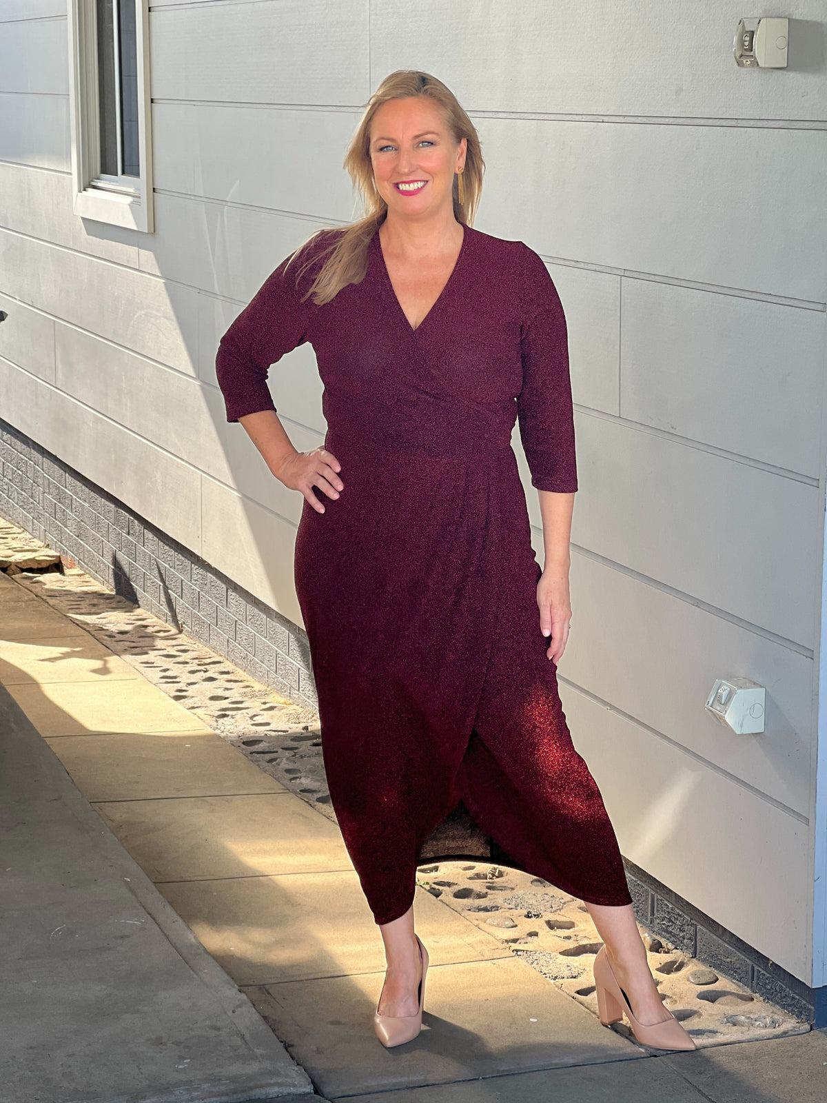 Odessa Burgundy Glitter Wrap Gown