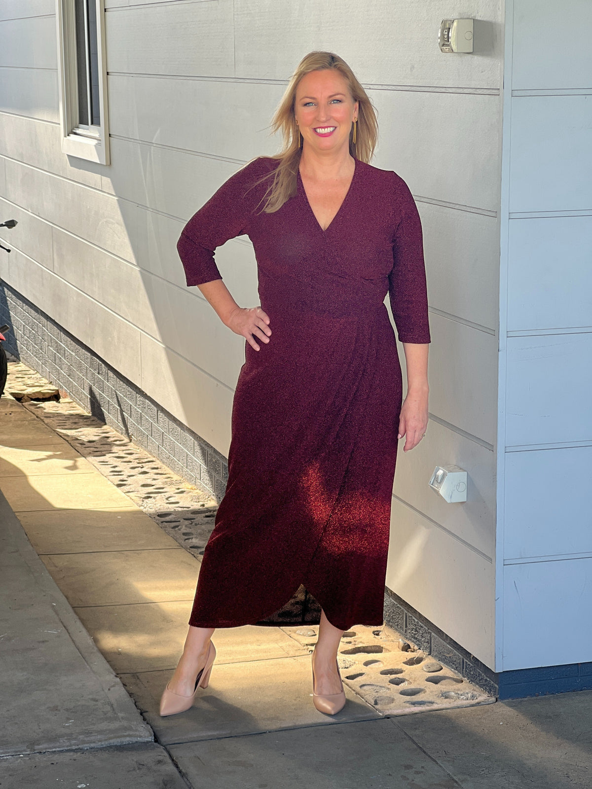 Odessa Burgundy Glitter Wrap Gown