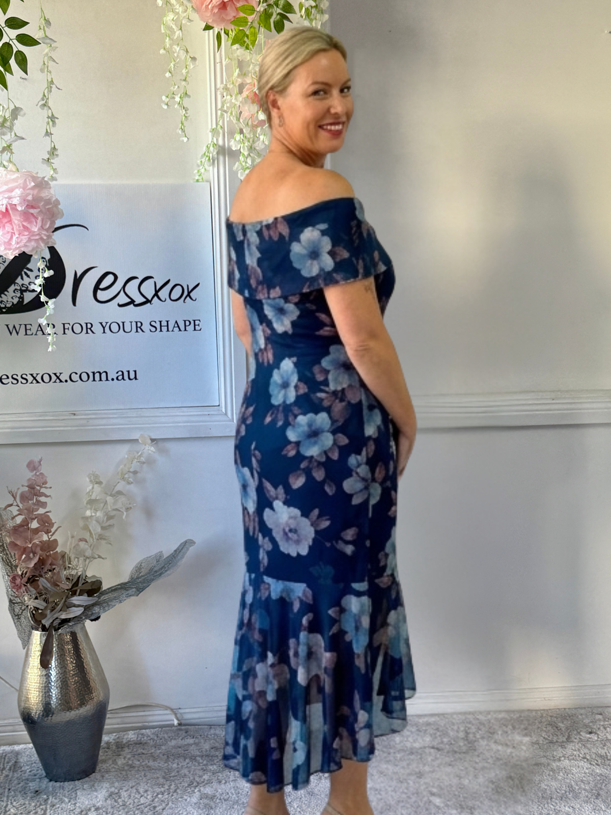 Audrey Navy Floral Evening Gown