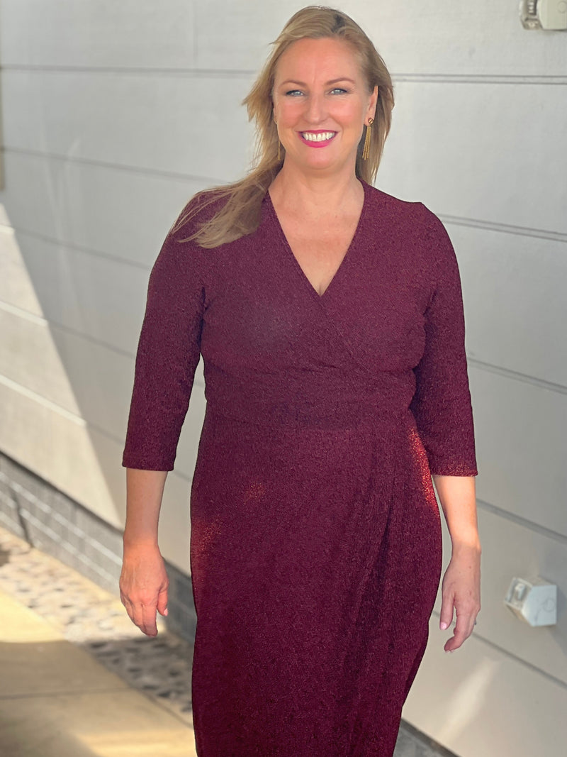 Odessa Burgundy Glitter Wrap Gown