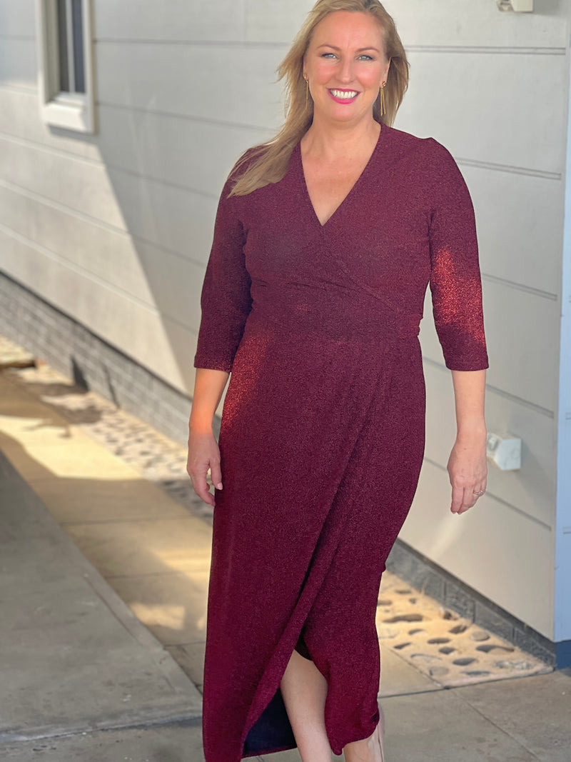 Odessa Burgundy Glitter Wrap Gown