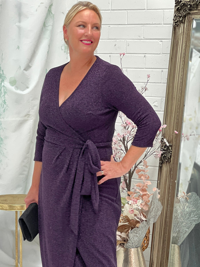 Odessa Purple Glitter Wrap Gown