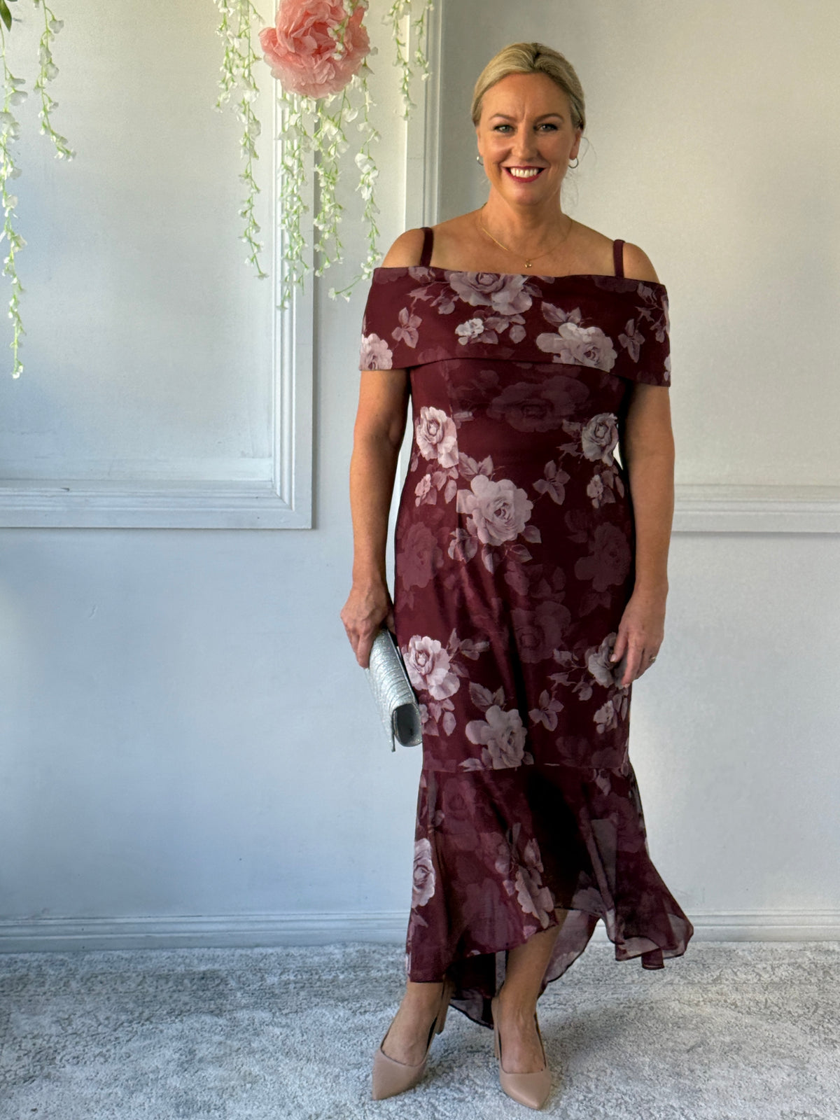 Audrey Burgundy Blossom Evening Gown