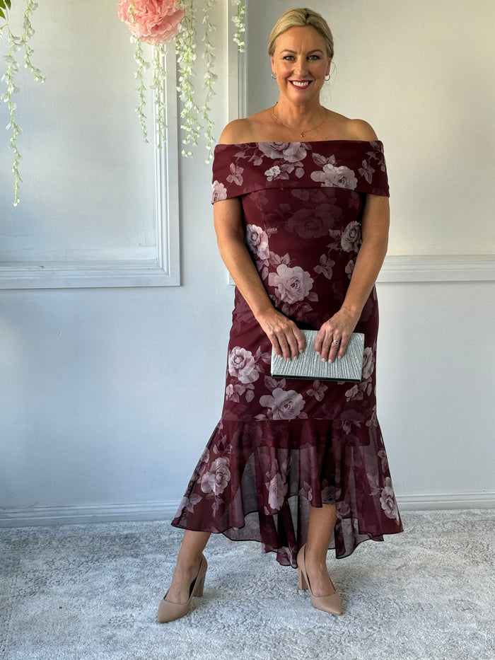 Audrey Burgundy Blossom Evening Gown