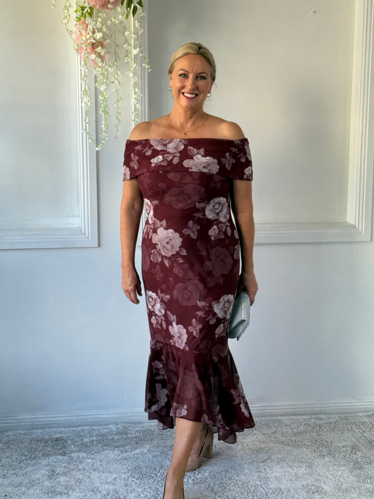 Audrey Burgundy Blossom Evening Gown